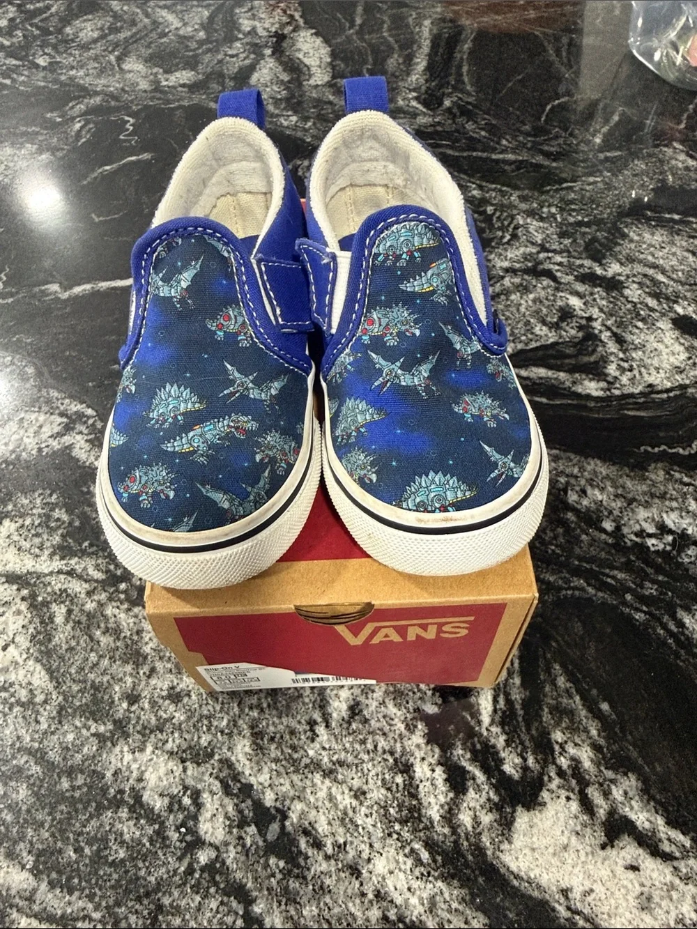 Vans Kids Slip-On Sneakers in Blue Dinosaur Pattern